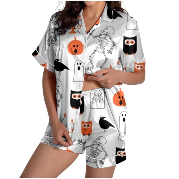 BOOMNY Halloween Womens Pajama Sets Hallowmas 2 Peice Pjs Set for Women Funny Pumpkin Skeleton Graphic Short Sleeve Sleepwear Tops Shorts Cozy Homewear Loungewear