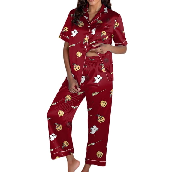 BOOMNY Halloween Womens Pajama Sets Hallowmas 2 Peice Pjs Set for Women Funny Pumpkin Skeleton Graphic Short Sleeve Sleepwear Tops Shorts Cozy Nightwear Loungewear
