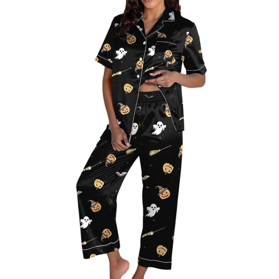 BOOMNY Halloween Womens Pajama Sets Hallowmas 2 Peice Pjs Set for Women Funny Pumpkin Skeleton Graphic Short Sleeve Sleepwear Tops Shorts Cozy Nightwear Loungewear