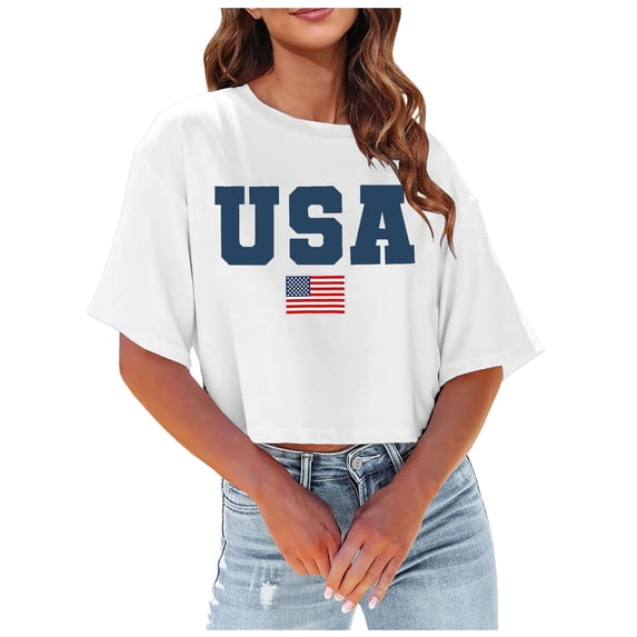 BOOMNY Independence Day Women's Short Sleeve T-Shirts Patriotic Usa Flag Star Striped Graphic 4Th Of July Summer Tees for Women