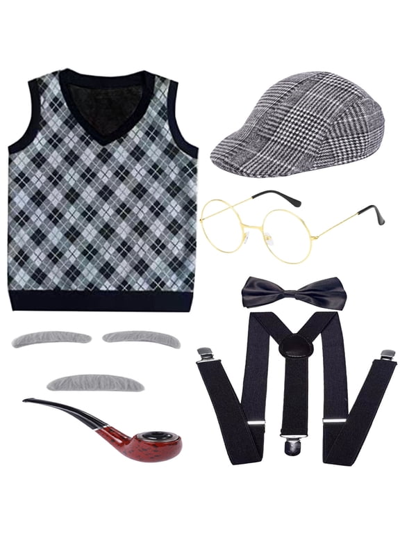 Baby Boys Old Man Dress Up Stage Performance Outfits for Kids Old Man Shaped Sleeveless Plaid Vest Accessories Party Club Clothing for Child