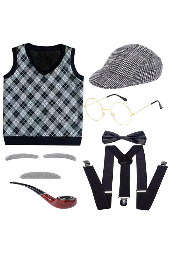 Baby Boys Old Man Dress Up Stage Performance Outfits for Kids Old Man Shaped Sleeveless Plaid Vest Accessories Party Club Clothing for Child