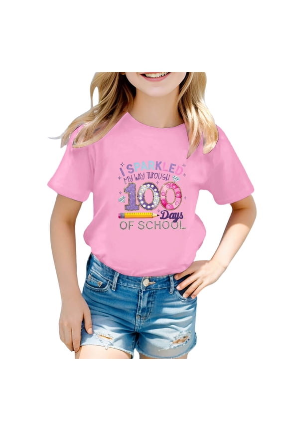 Infant Baby Girls Tshirts Short Sleeve T Shirts for Girls 100 Days Of School Letter Graphic Breathable Loose Fit Cozy Childrens Dailywear
