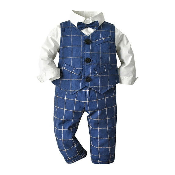 BOOMNY Infant Kids Boys Outfit Set Long Sleeve Casual Plaid Printed Vest Stretchy Pants 2Pcs Outfit Sets Soft Loose Fit Clothes Sets Suitable For Vacation