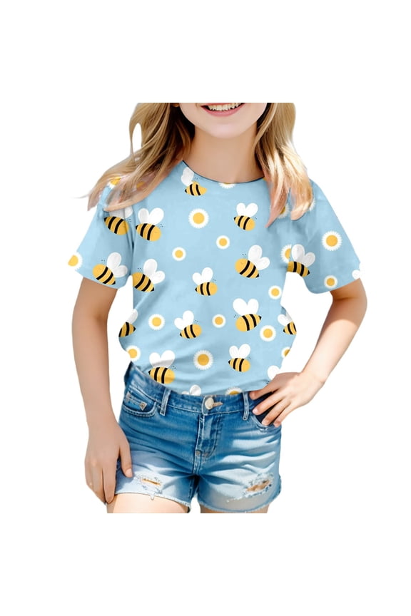 Kids Infant Girls Tshirt Short Sleeve Cartoon Bee Printed T Shirts Lightweight Loose Summer Shirt Tops Lovely Girl's Tees