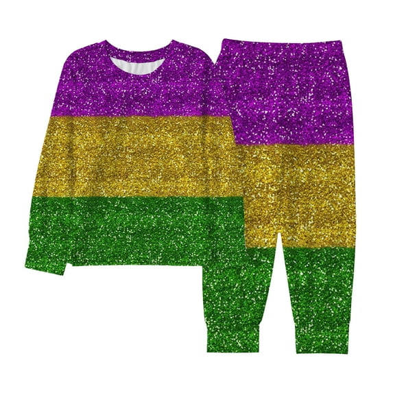 BOOMNY Mardi Gras Toddler Baby Girls Outfit Set Long Sleeve Patchwork Color Tops Pants Cozy Clothes Set for Children