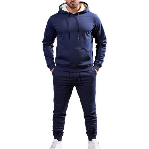 BOOMNY Men Sweatsuits Set Solid Color Lined Hoodies Sweatpants 2Pcs Gym Sweat Suits Warm Fall Winter Athletic Tracksuit Outfits