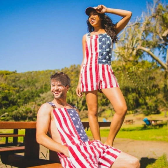 BOOMNY Men's 4th Of July Pants Patriotic July 4th Usa Flag Star Striped Printed Bib Overalls For Men Stretchy Waist Drawstring 4th Of July Soft Romper Jumpsuit Fashion Festival Clothes