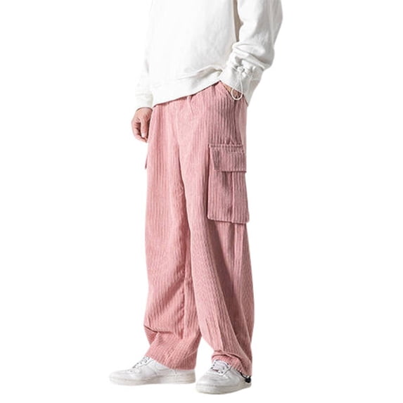 BOOMNY Men's Baggy Pants Solid Color Corduroy Cargo Pants for Men Wide Leg Plus Size Loose Warm Fall Winter Trousers With Pocket