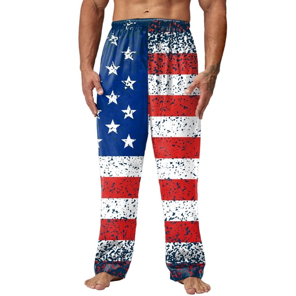 BOOMNY Men's Independence Day Pants Patriotic July 4th Usa Flag Star Striped Printed Casual Pants For Men Stretchy Waist Drawstring 4th Of July Soft Trousers Comfy Festival Clothes