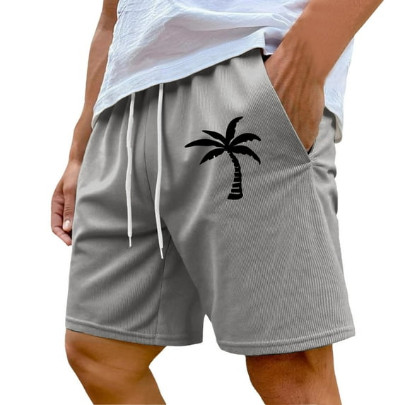 BOOMNY Men's Shorts Casual Hawaiian Coconut Tree Printed Elastic Waist Drawstring Corduroy Shorts For Man Soft Loose Fit Summer Shorts Leisure Mens Dailywear