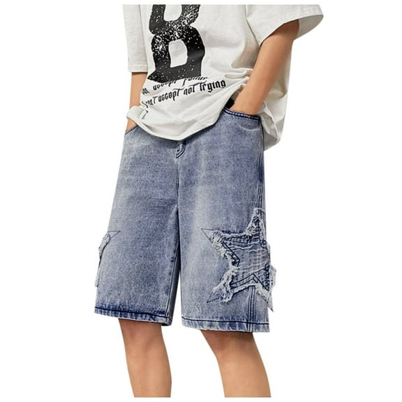BOOMNY Men's Shorts Casual Star Embroidery Elastic Waist Drawstring Ripped Short Jeans For Man Soft Loose Fit Denim Shorts Comfy Mens Dailywear