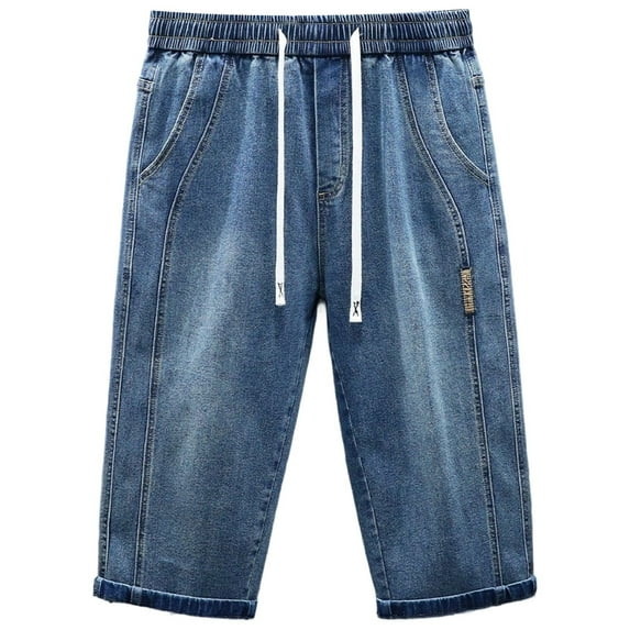 BOOMNY Men's Shorts Solid Color Elastic Waist Drawstring Capri Jeans For Man Soft Loose Fit Denim Shorts Comfy Mens Dailywear