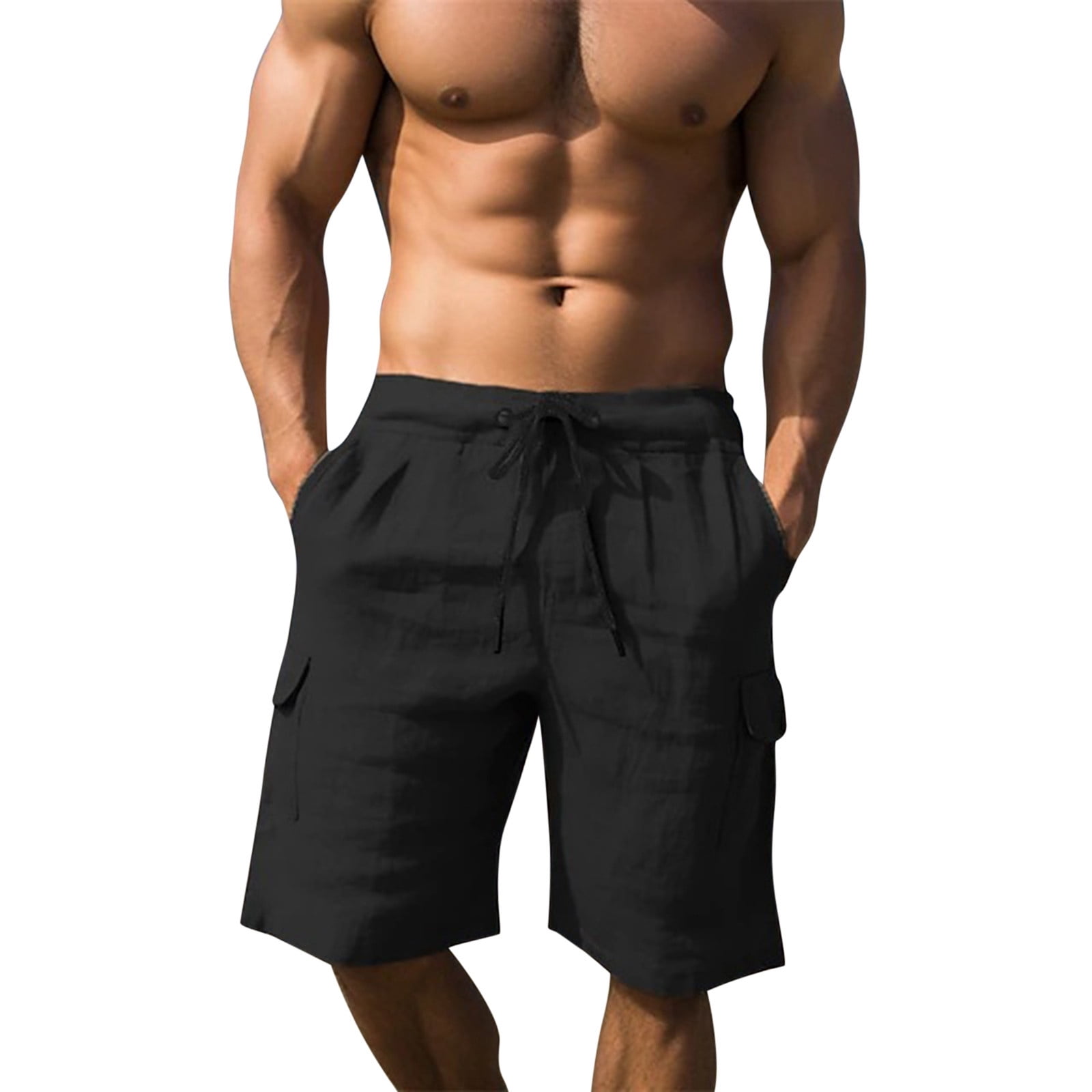 XMMSWDLA Mens Casual Cargo Shorts Drawstring Elastic Waist Stretch Shorts Summer Beach Work Shorts For Men With 5 Pockets Black Mens Swim Shorts