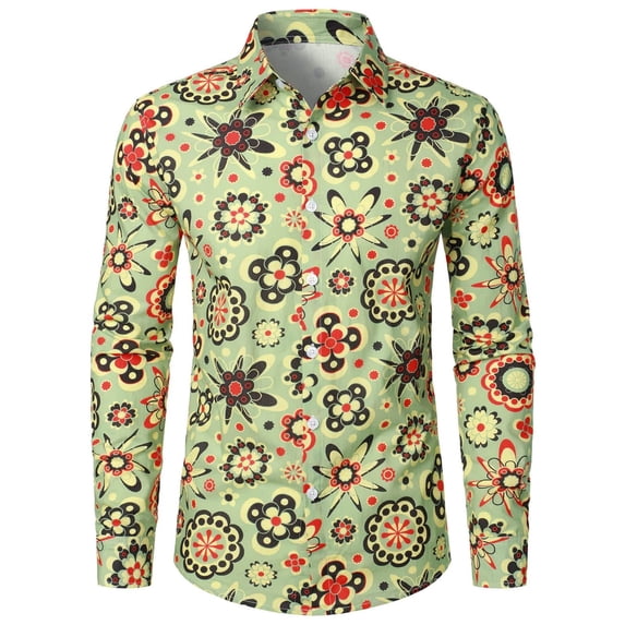 CONZONE Mens 70S Disco Buttons Down Shirts Long Sleeve Hippie Shirts for Men Trendy Floral Graphic Lapel Soft Lightweight Tops