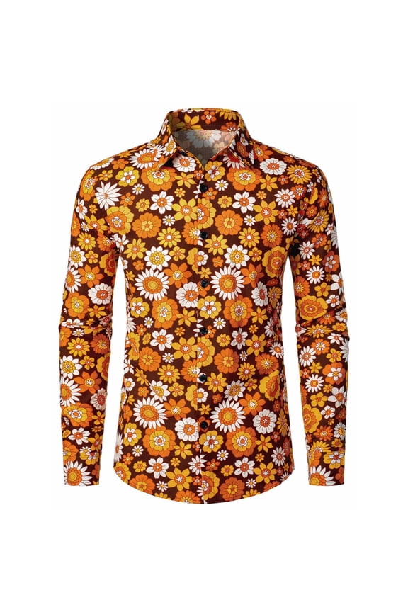 Mens 70S Disco Buttons Down Shirts Long Sleeve Hippie Shirts for Men Trendy Floral Graphic Lapel Soft Lightweight Tops