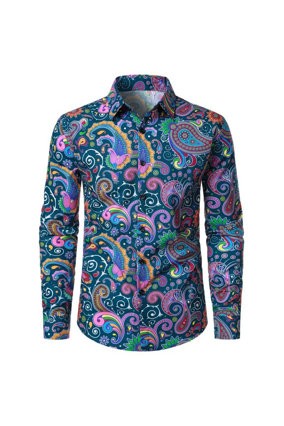 Mens 70S Disco Buttons Down Shirts Long Sleeve Hippie Shirts for Men Trendy Floral Graphic Lapel Soft Lightweight Tops