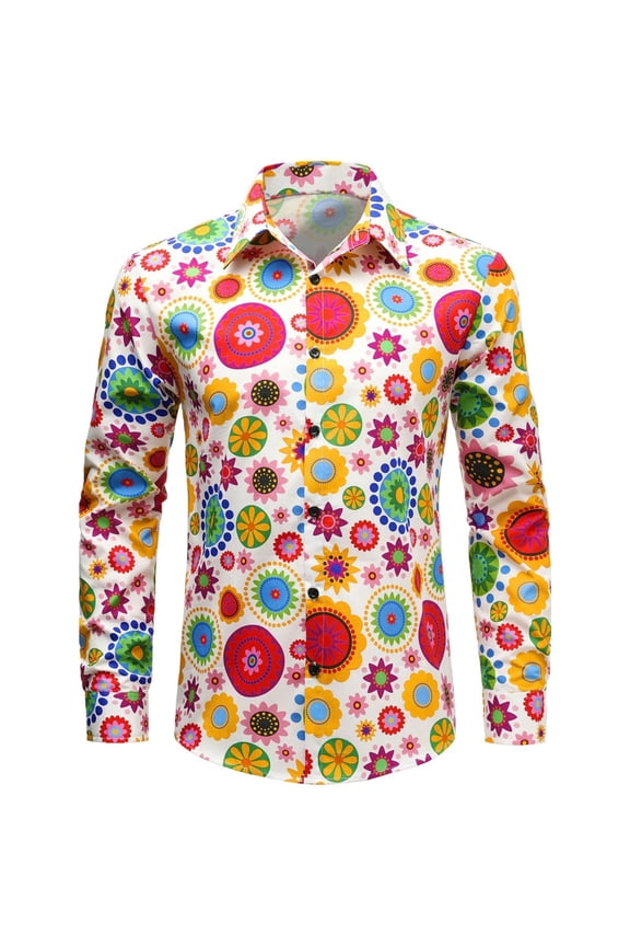 Mens 70S Disco Buttons Down Shirts Long Sleeve Hippie Shirts for Men Trendy Floral Graphic Lapel Soft Lightweight Tops