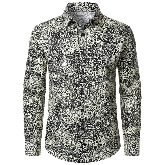 CONZONE Mens 70S Disco Buttons Down Shirts Long Sleeve Hippie Shirts for Men Trendy Floral Graphic Lapel Soft Lightweight Tops