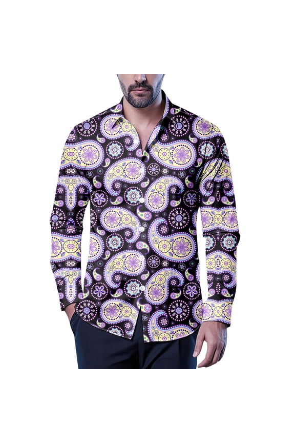 Mens 70S Disco Buttons Down Shirts Long Sleeve Shirts for Men Trendy Floral Graphic Lapel Soft Lightweight Tops