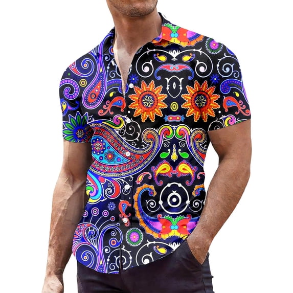 CONZONE Mens 70S Disco Buttons Down Shirts Long Sleeve Shirts for Men Trendy Floral Graphic Lapel Soft Lightweight Tops
