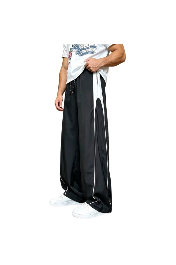 Mens Baggy Pants Wide Leg Workout Pants for Men Elastic Waist Drawstring Patchwork Color Athletic Jogger Pant With Pocket