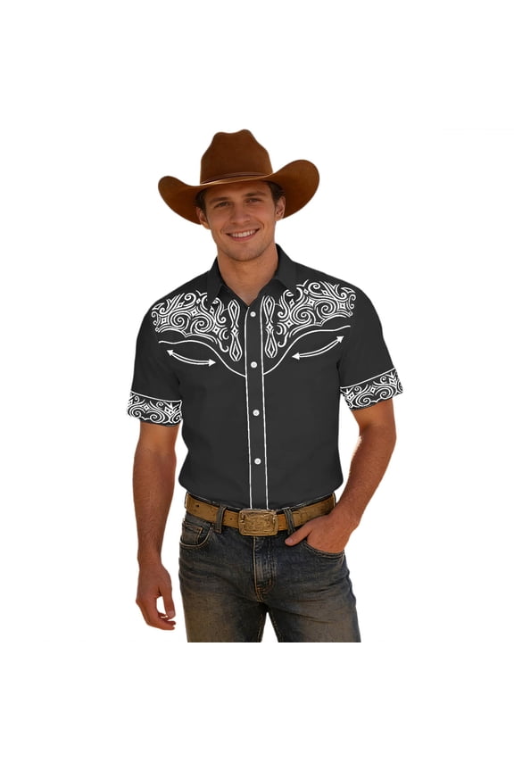 Mens Buttons Down Shirts Short Sleeve Shirts for Men Trendy Western Cowboy Graphic Lapel Soft Lightweight Tops