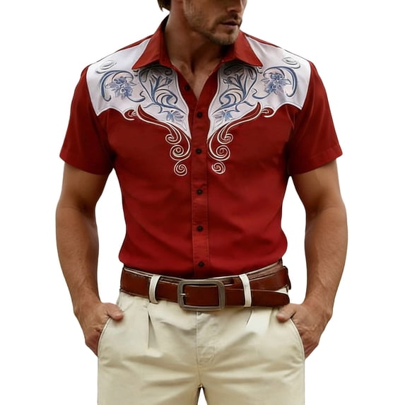 CONZONE Mens Buttons Down Shirts Short Sleeve Shirts for Men Trendy Western Cowboy Graphic Lapel Soft Lightweight Tops