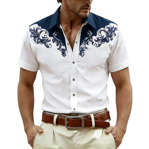 CONZONE Mens Buttons Down Shirts Short Sleeve Shirts for Men Trendy Western Cowboy Graphic Lapel Soft Lightweight Tops