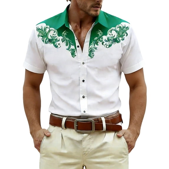 CONZONE Mens Buttons Down Shirts Short Sleeve Shirts for Men Trendy Western Cowboy Graphic Lapel Soft Lightweight Tops