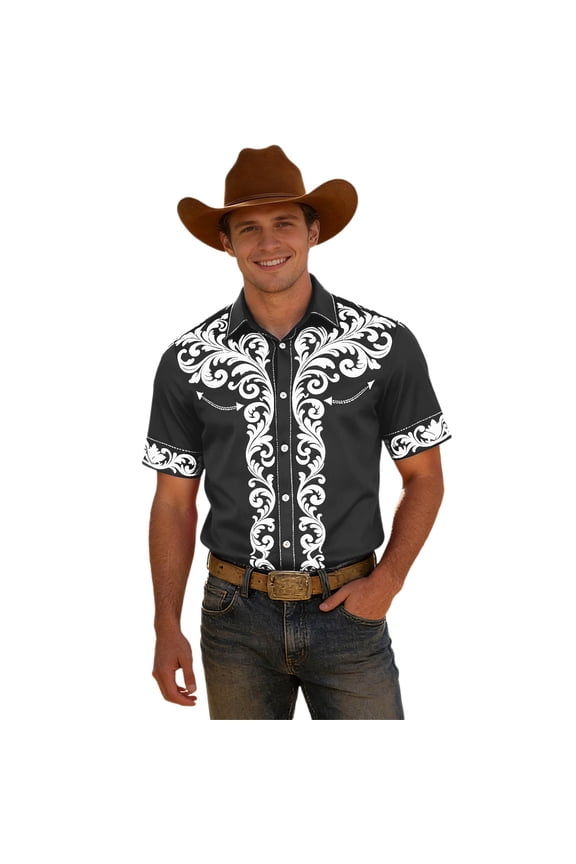 Mens Buttons Down Shirts Short Sleeve Shirts for Men Trendy Western Cowboy Graphic Lapel Soft Lightweight Tops