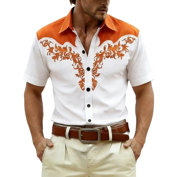 CONZONE Mens Buttons Down Shirts Short Sleeve Shirts for Men Trendy Western Cowboy Graphic Lapel Soft Lightweight Tops
