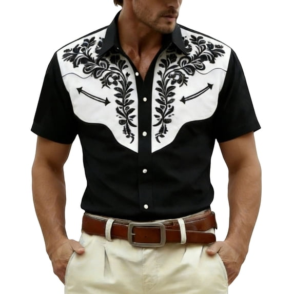 CONZONE Mens Buttons Down Shirts Short Sleeve Shirts for Men Trendy Western Cowboy Graphic Lapel Soft Lightweight Tops