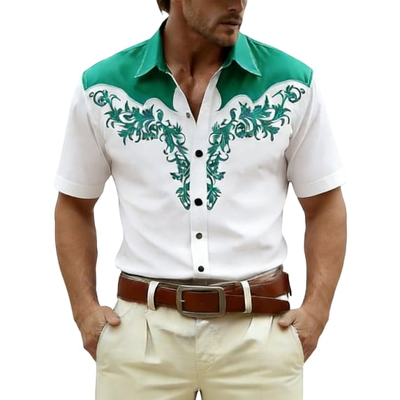 CONZONE Mens Buttons Down Shirts Short Sleeve Shirts for Men Trendy Western Cowboy Graphic Lapel Soft Lightweight Tops