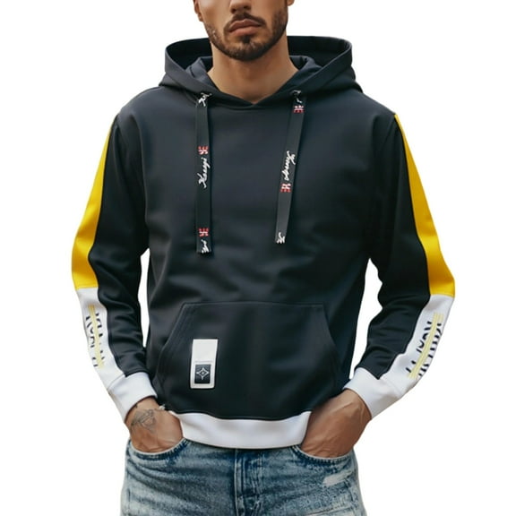 BOOMNY Mens Hoodies Long Sleeve Hoodie for Men Patchwork Color Y2K Soft Warm Pullover Hooded Sweatshirt Cozy Fall Winter Hoodies With Pocket