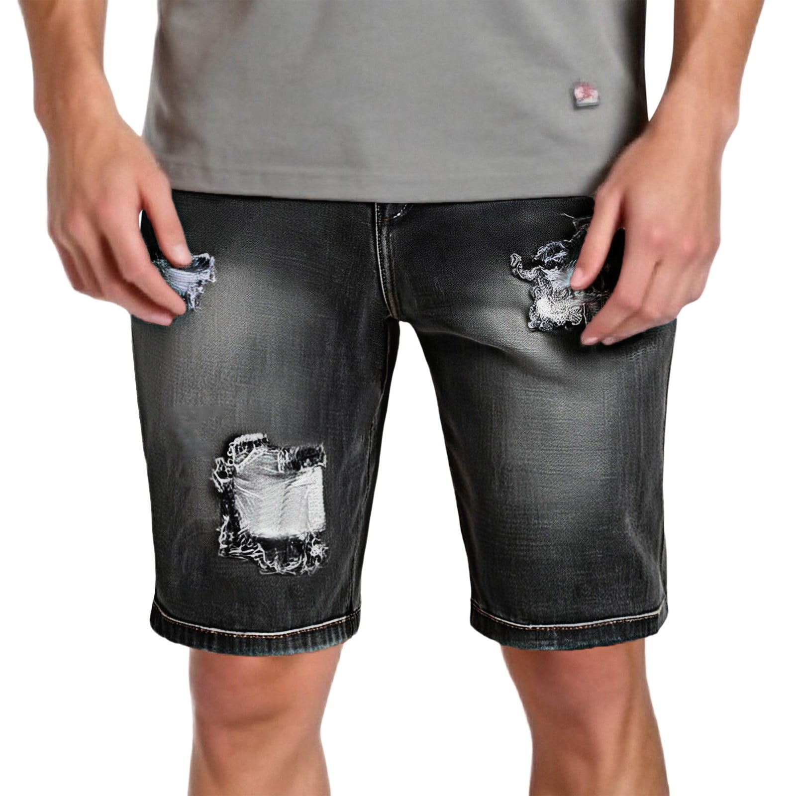 BOOMNY Mens Shorts Casual Elastic Waist Drawstring Ripped Short Jeans