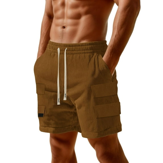 BOOMNY Mens Shorts Solid Color Ribbed Elastic Waist Drawstring Corduroy Shorts For Man Soft Loose Fit Summer Workout Shorts Leisure Mens Dailywear