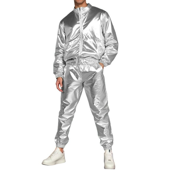 BOOMNY Mens Tracksuits Solid Color Shiny Zip Jacket Pants 2Pcs Carnival Performance Sets Fashion Party Show Outfits Set