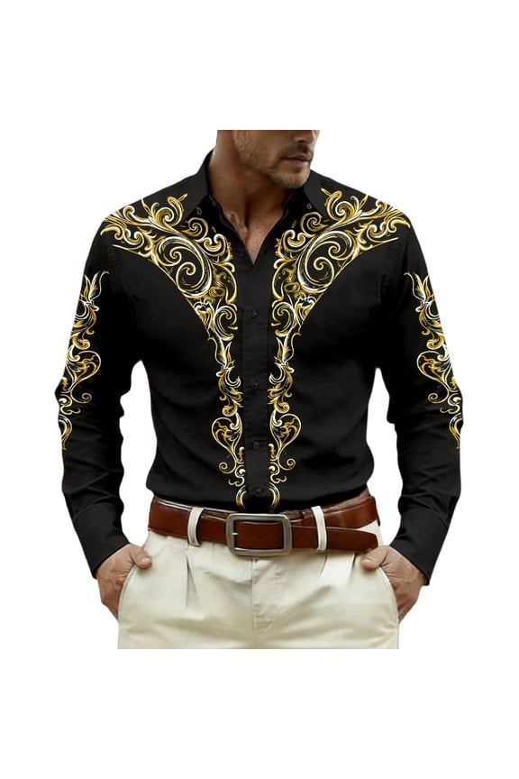 Mens Western Cowboy Buttons Down Shirts Long Sleeve Shirts for Men Trendy Graphic Lapel Soft Lightweight Tops