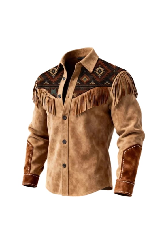 Mens Western Cowboy Buttons Down Shirts Long Sleeve Tassel Shirts for Men Trendy Casual Graphic Lapel Soft Lightweight Tops