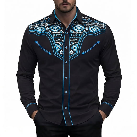CONZONE Mens Western Cowboy Shirts Long Sleeve Buttons Down Shirts for Men Trendy Graphic Lapel Soft Lightweight Tops