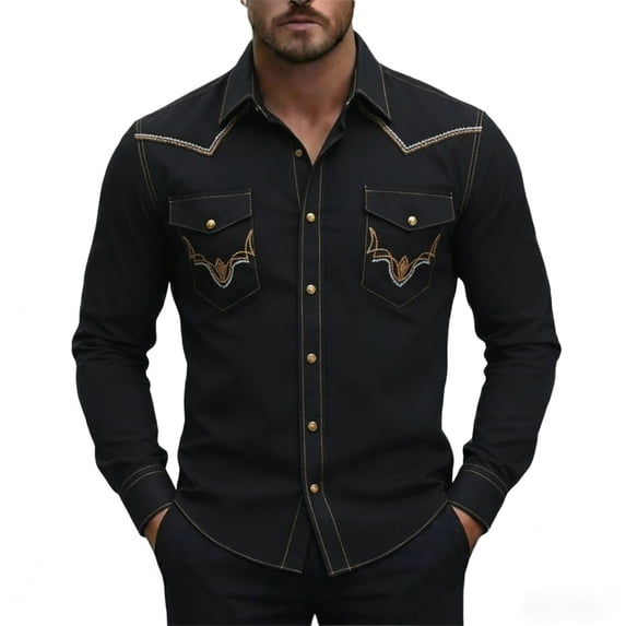 CONZONE Mens Western Cowboy Shirts Long Sleeve Buttons Down Shirts for Men Trendy Graphic Lapel Soft Lightweight Tops