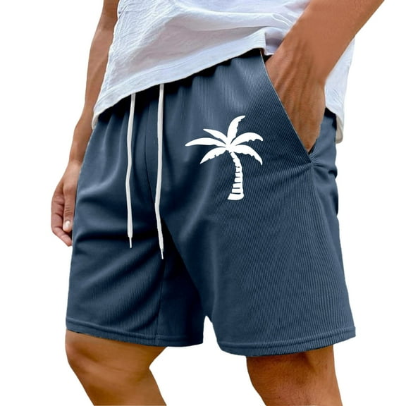 BOOMNY Shorts For Men Casual Hawaiian Coconut Tree Printed Elastic Waist Drawstring Corduroy Shorts For Man Soft Loose Fit Summer Shorts Comfy Mens Dailywear