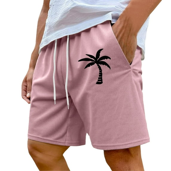 BOOMNY Shorts For Men Casual Hawaiian Coconut Tree Printed Elastic Waist Drawstring Corduroy Shorts For Man Soft Loose Fit Summer Shorts Comfy Mens Dailywear