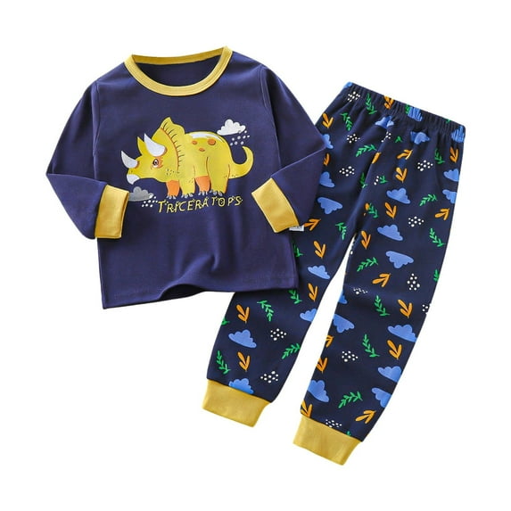 BOOMNY Toddler Baby Boys Outfit Set Long Sleeve Cartoon Dinosaur Prints Pajama Tops Pants 2 Peice Sleepwear Set For Boys Cozy Loungewear