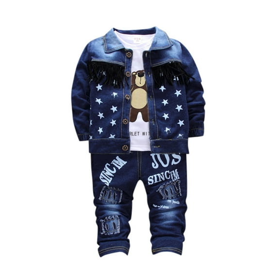 BOOMNY Toddler Baby Boys Outfit Set Long Sleeve Cartoon Graphic Prints Denim Jacket Tops Pants 2 Peice Fall Clothes Set Cozy Dailywear