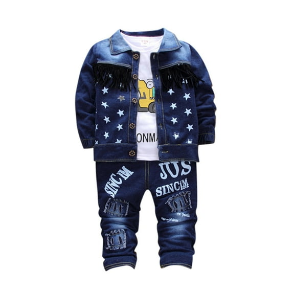 BOOMNY Toddler Baby Boys Outfit Set Long Sleeve Cartoon Graphic Prints Denim Jacket Tops Pants 2 Peice Fall Clothes Set Cozy Dailywear