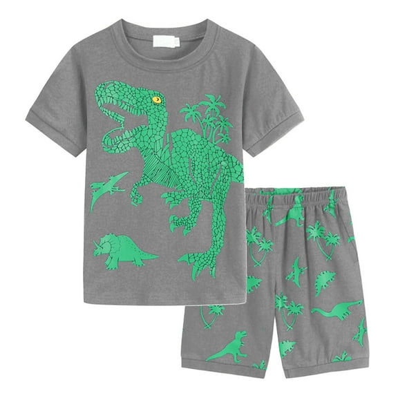 BOOMNY Toddler Baby Boys Outfit Sets Short Sleeve Cartoon Dinosaur Printed T-Shirts Stretchy Shorts 2Pcs Sports Outfit Sets Soft Loose Fit Summer Homewear Clothes Sets Comfy Child's Dailywear