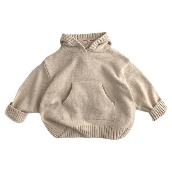 BOOMNY Toddler Baby Girl Boy Sweater Long Sleeve Solid Color Hooded Knitted Sweater For Kids Thermal Fall Winter Knitwear