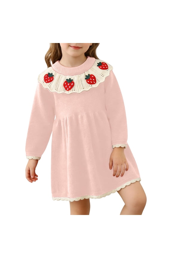 Toddler Baby Girls Knit Dress Long Sleeve Summer Dresses for Girl Strawberry Embroidery Lightweight Loose Fit Casual Beach Sundress